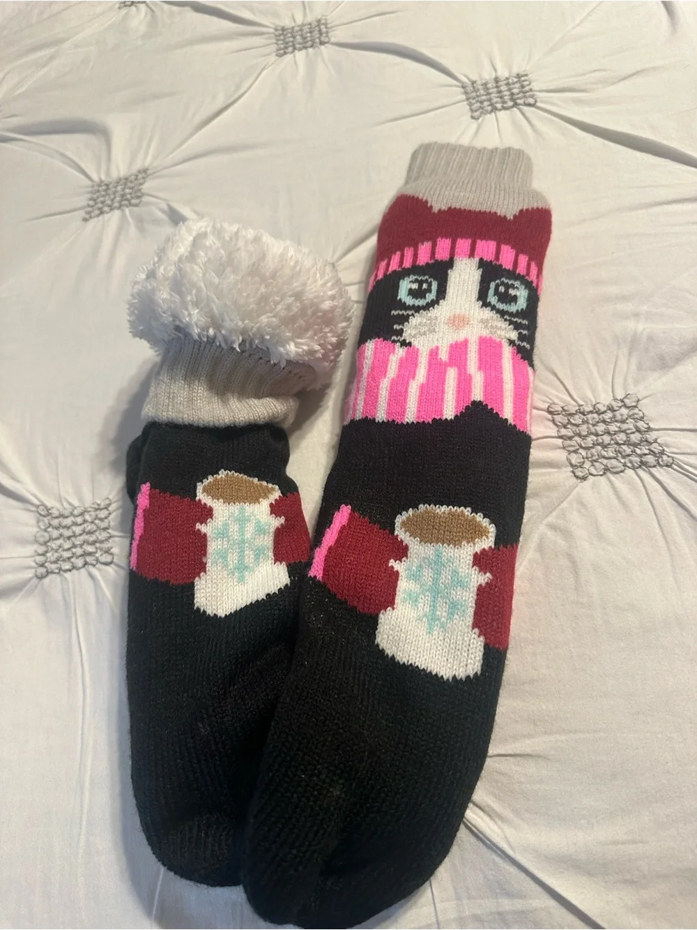 Cuddl Duds Pink & Black Cat Mug Pattern Fleece Socks
